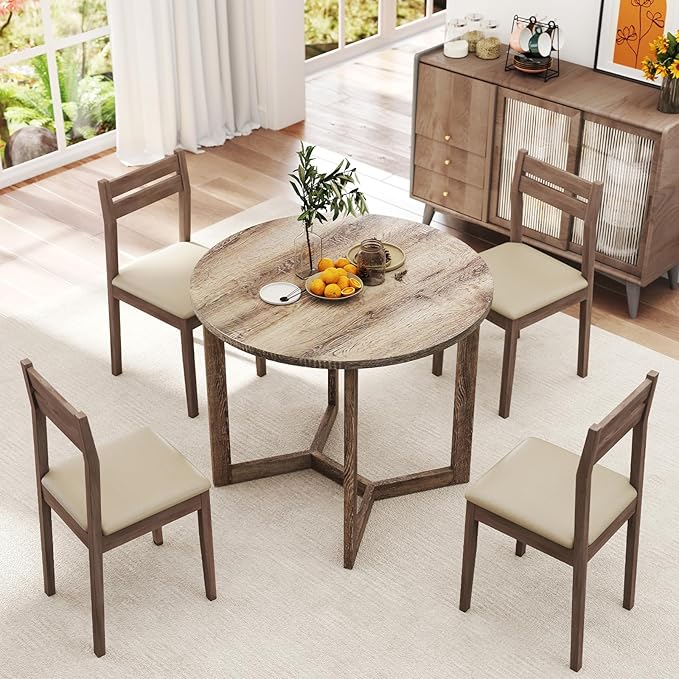 36’’ Round Dining Table, Dinner Table for 4 w/Rubber Wood Legs & Wing-Shaped Frame, Farmhouse Kitchen Table for Dining Living Room, Apartment, Bar, Restaurant, Bistro (Oak)