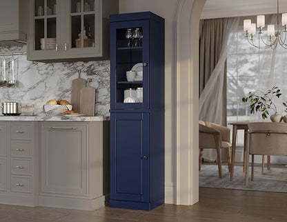 Palace Imports Solid Wood Kitchen Pantry - Narrow Storage Cabinet - 16.5" Wide x 71.5" Tall - 1 Raised Panel & 1 Glass Door, Navy Blue, Adjustable Shelves, 100% Eco-Friendly Wood, Modular Cabinets