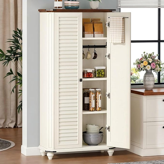 DWVO 4-Tier Storage Cabinet with 2 Shutter Doors, Farmhouse Kitchen Pantry Cabinet with Adjustable Shelves, Wooden Cabinet for Kitchen, Dining Room, Living Room, Office, Rustic White