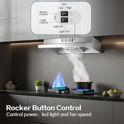 24 inch Range Hood Under Cabinet, Stainless Steel Kitchen Hood 280CFM, Ducted/Ductless Vent Hood with Rocker Button Control, Stove Hood with 2 Speeds Fan, Bright LED Light