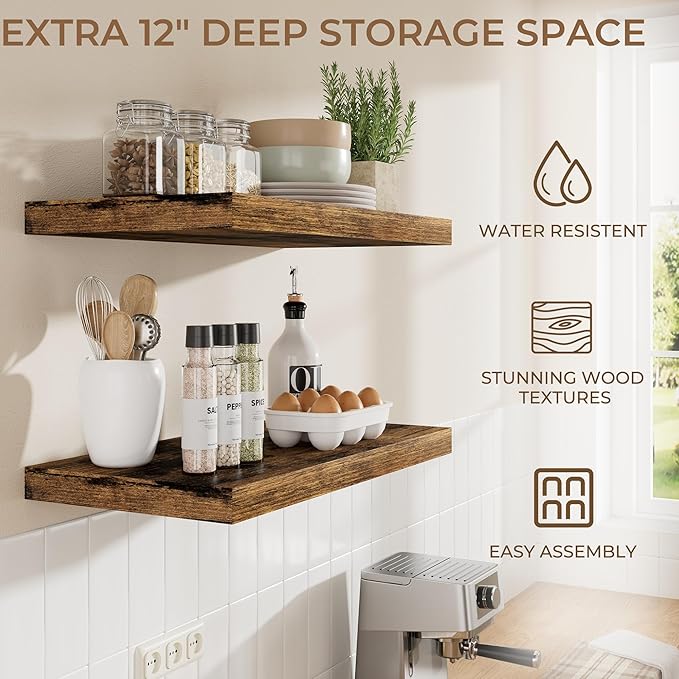 RICHFOCUS Deep Floating Shelves for Wall 2 Pack 12" D 36 Inch Wall Shelves for Room Wall|Wood Hanging Shelf with Invisible Brackets for Bathroom Bedroom Kitchen Laundry Room, Rustic Brown