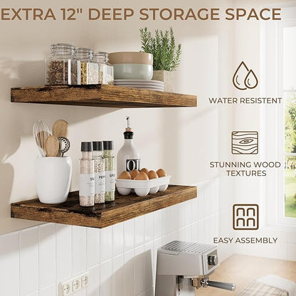 RICHFOCUS Deep Floating Shelves for Wall 2 Pack 12" D 36 Inch Wall Shelves for Room Wall|Wood Hanging Shelf with Invisible Brackets for Bathroom Bedroom Kitchen Laundry Room, Rustic Brown