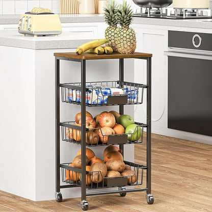 XYZLVSI Kitchen Storage Cart with Wheels, 4-Tier Metal Utility Rolling Cart Fruit Vegetable Storage Basket Pantry Rack with Wood Top & Pull Out Baskets for Kitchen, Livingroom, Diningroom, Office