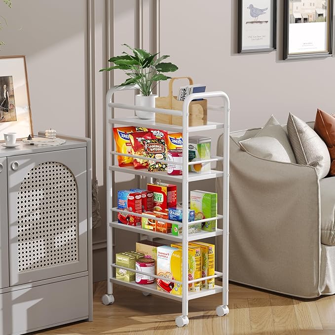 Asgolion Slim Storage Cart, 4-Tier Small Rolling Cart with Wheels, 9.1" Deep, Narrow Bathroom Shelf Trolley for Kitchen, Bathroom, Laundry Room, White Large 4-Tier (9.1" W x 33.6" H)