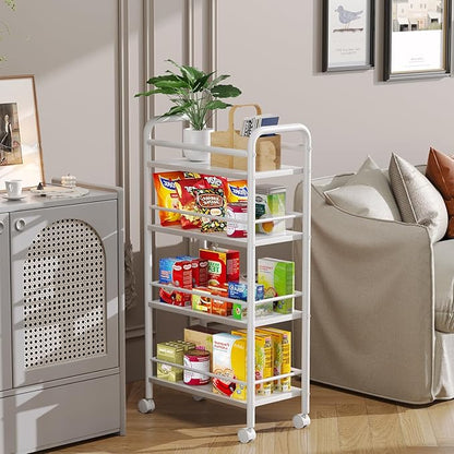 Asgolion Slim Storage Cart, 4-Tier Small Rolling Cart with Wheels, 9.1" Deep, Narrow Bathroom Shelf Trolley for Kitchen, Bathroom, Laundry Room, White Large 4-Tier (9.1" W x 33.6" H)