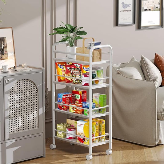 Asgolion Slim Storage Cart, 4-Tier Small Rolling Cart with Wheels, 9.1" Deep, Narrow Bathroom Shelf Trolley for Kitchen, Bathroom, Laundry Room, White Large 4-Tier (9.1" W x 33.6" H)
