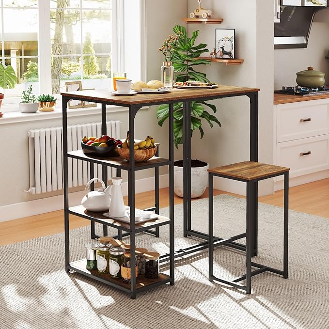 Giantex 3-Piece Dining Table Set for 2, Bar-Height Kitchen Table with 2 Stools, 3 Storage Shelves, Pub Table & Chairs Set for Small Place Apartment Living Room High Top Breakfast Nook Restaurant