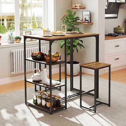 Giantex 3-Piece Dining Table Set for 2, Bar-Height Kitchen Table with 2 Stools, 3 Storage Shelves, Pub Table & Chairs Set for Small Place Apartment Living Room High Top Breakfast Nook Restaurant