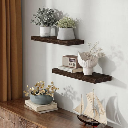 Fun Memories Wood Floating Shelves 24 Inch Long, Rustic Elm Wood Wall Shelves for Farmhouse, Living Room, Kitchen, Wall Mounted Bathroom Shelf Floating Shelf with Invisible Bracket Set of 2, Walnut