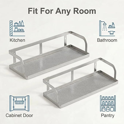 PUSDON 2-Pack Wide Hollowout Shower Caddy & Spice Rack, Wall Mount Bathroom Organizer with Mesh Bottom, Easy Access Cabinet Door Shelf Holds 50LBS - Silver Gray, Hollowout