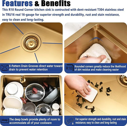 25x22 Gold Drop In Kitchen Sink with Faucet - 25 Inch Stainless Steel Drop In Sink and Faucet Combo, Gold Single Bowl Kitchen Sink Workstation with Accessories
