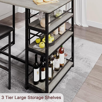 TrailBlaze Compact 3-Piece Dining Table Set for 2 with 3 Storage Shelves, Upholstered Chairs - Space-Saving Kitchen & Bar Table - Perfect for Apartment or Small Dining Room - Rustic Grey - 1+2 Set