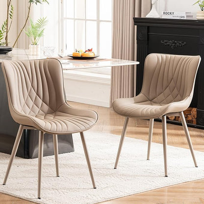 Kidol & Shellder Dining Chairs Set of 2, Mid Century Modern Kitchen Chairs with Metel Legs Armless, PU Leather Upholstered Side Chair for Dining Room, Living Room, Lounge, Restaurant, Khaki