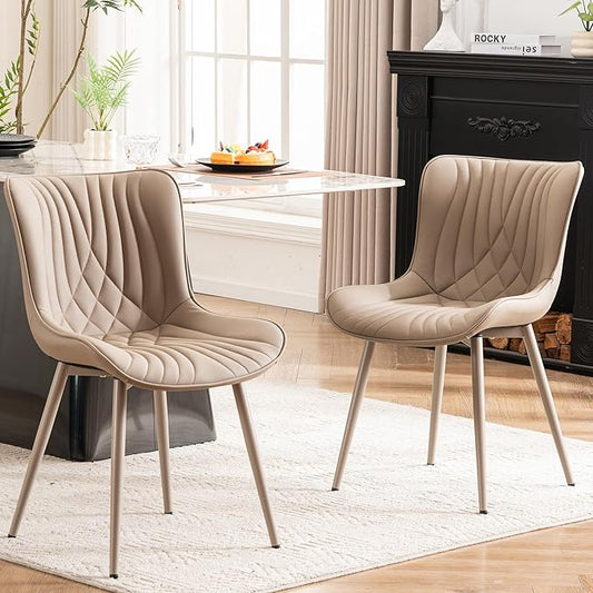 Kidol & Shellder Dining Chairs Set of 2, Mid Century Modern Kitchen Chairs with Metel Legs Armless, PU Leather Upholstered Side Chair for Dining Room, Living Room, Lounge, Restaurant, Khaki