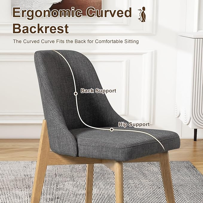 Casaphoria Set of 2 Upholstered Dining Chairs, Dark Grey Fabric Kitchen Chairs with Black Wood Legs, Modern Accent Chairs for Dining Room, Living Room or Kitchen
