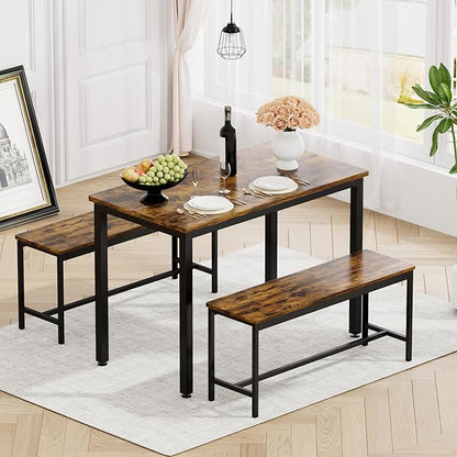 Industrial Style 3 PCS Kitchen Table Set, 43.3" L Dining Table with 2 Benches, Rustic Brown