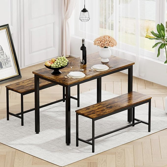 Industrial Style 3 PCS Kitchen Table Set, 43.3" L Dining Table with 2 Benches, Rustic Brown