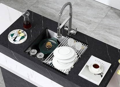 MENATT 25x18 Inch Undermount Kitchen Sink, T-304 Stainless Steel Single Bowl with 3mm Thickened Flange & Roll-up Drying Rack, 9" Deep for Laundry, RV, Indoor/Outdoor Use