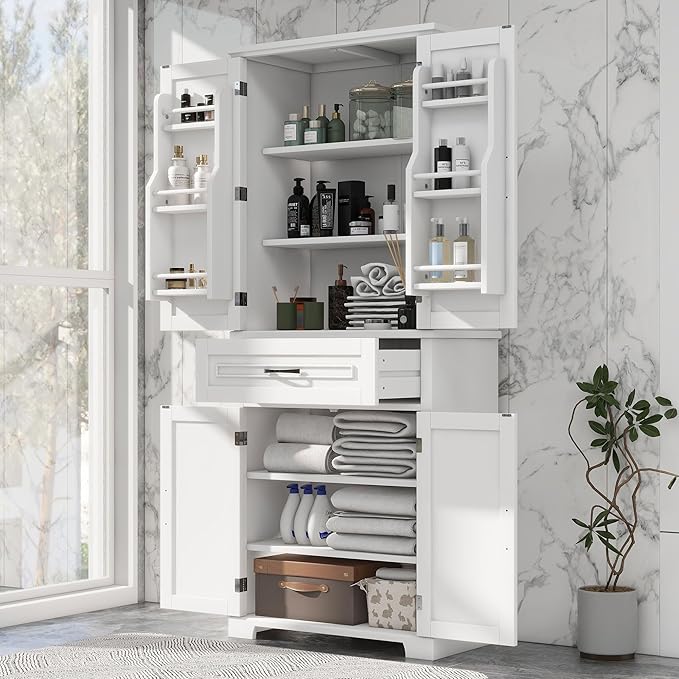 Storage Cabinet with 4 Doors and Drawers, 72.2" H Kitchen Cabinet with 6 Door Shelves, Kitchen Storage Cabinets with Adjustable Shelves for Living Room, White