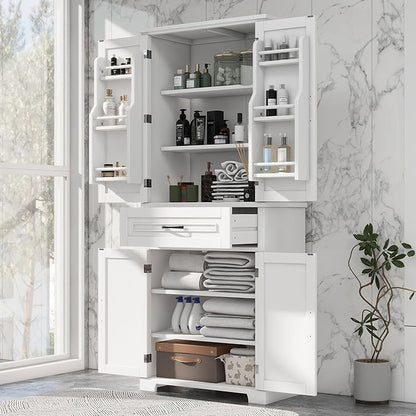 Storage Cabinet with 4 Doors and Drawers, 72.2" H Kitchen Cabinet with 6 Door Shelves, Kitchen Storage Cabinets with Adjustable Shelves for Living Room, White