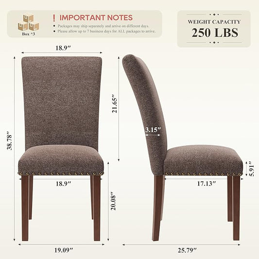 COLAMY Upholstered Dining Chairs Set of 6, Parsons Nailhead Dining Room Kitchen Chairs with Wood Legs - Brown