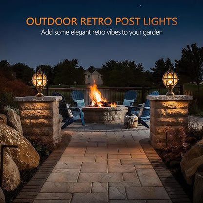 Outdoor Post Light Fixture, E26 Base 60W Max Column Lights with Black Aluminum Housing Plus Amber Glass IP55 Waterproof Exterior Pillar Lantern for Driveway Yard Lawn Patio Garden