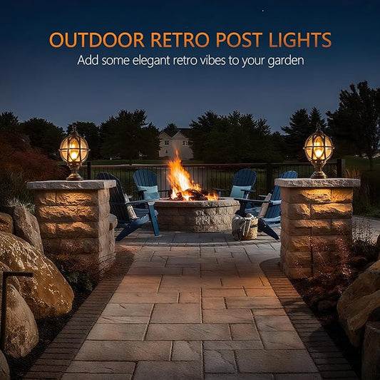 Outdoor Post Light Fixture, E26 Base 60W Max Column Lights with Black Aluminum Housing Plus Amber Glass IP55 Waterproof Exterior Pillar Lantern for Driveway Yard Lawn Patio Garden