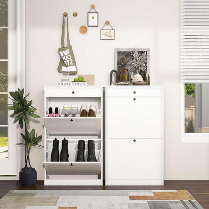 FTZxHKLX Shoe Cabinet with 2 Flip Drawers Set of 2, Small Wood Modern Shoe Organizer with Adjustable Shelf, Narrow Freestanding Hidden Shoe Cabinet Storage for Entryway, Hallway, Living Room, White
