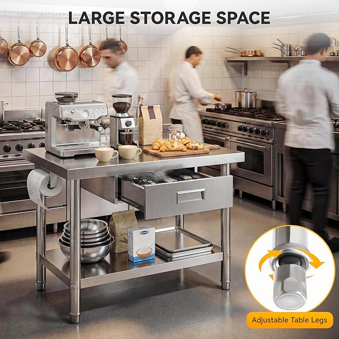 DWVO 36x24in Stainless Steel Table with Drawer, NSF Metal Prep Worktable for Kitchen Restaurant Hotel Garage Warehouse Home