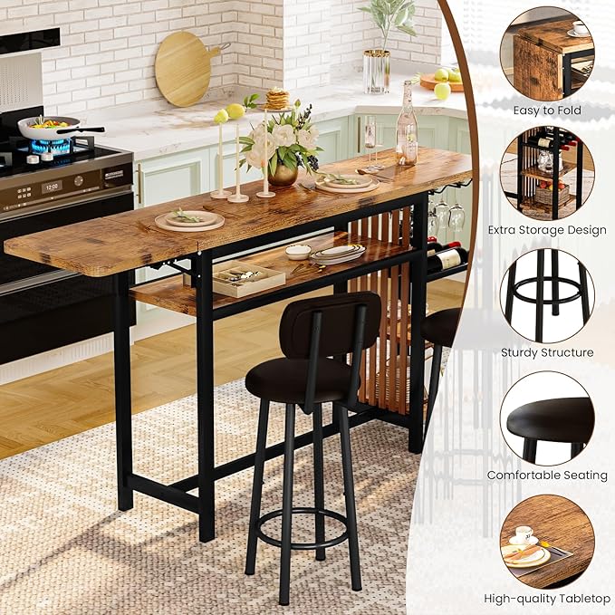 Recaceik 59" Bar Dining Table Set for 2, Bar Table and Chairs Set, Expandable Counter Height Dining Table Set, Small Kitchen Bar Table with Wine Racks & Storage, Breakfast Nook Set for Small Space