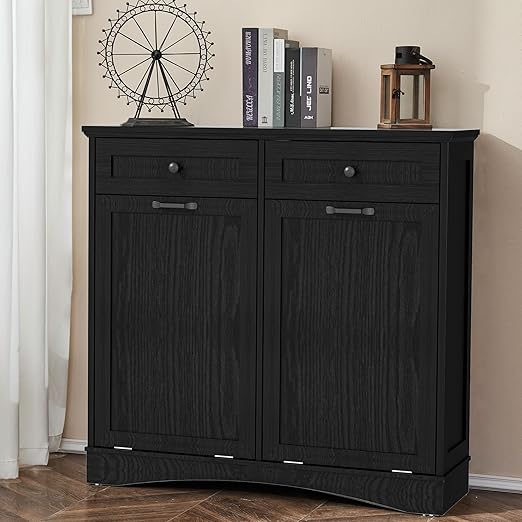 Double Tilt Out Trash Cabinet Freestanding Wooden Garbage Can Cabinet with Hideaway Drawers, 2x13 Gallons Pet Proof Garbage Can Holder for Kitchen Living Room, Dark Black