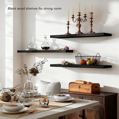 ROGMARS Black Wooden Floating Shelves for Wall 36 Inches Long,Rustic Solid Wood Farmhouse Wall Shelves with Invisible Brackets for Bathroom, Living Room, Bedroom, Kitchen Set of 3
