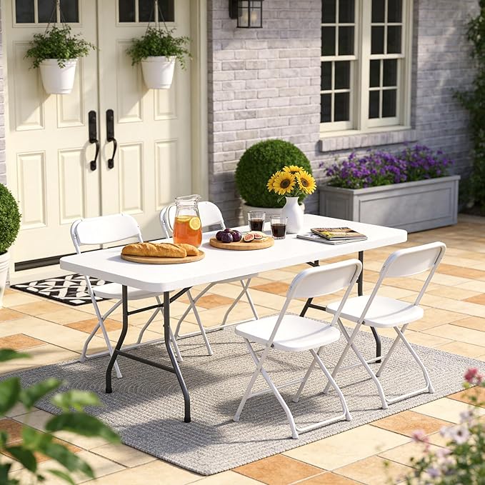 5ft Folding Table, Heavy Duty Plastic Card Table with Foldable Steel Legs, Metal Frame Support up to 500 lb, Portable for Indoor, Outdoor, Picnic, Camping, Dining, Party, White