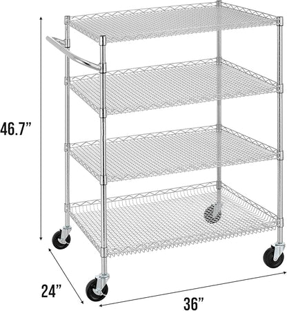 Finnhomy 4 Tier Heavy Duty Commercial Grade Rolling Cart with Handle Bar, Metal Wire Utility Cart with Wheels, Service Trolley on Wheels, Shelf Size 24" D x 36" W, NSF, Chrome