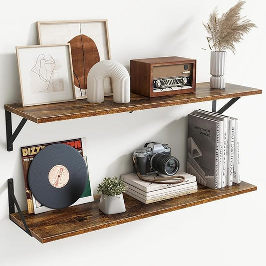 Acovy Deep Floating Shelves for Wall,36Wx8D Wall Mounted Shelves Set of 2,Wall Storage Floating Shelf with Sturdy Metal Brackets for Living Room,Bathroom,Kitchen,Office,Rustic Brown