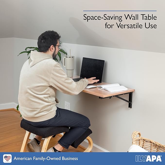 Ilyapa Wall Mounted Folding Table - 16x40 Wood Floating Desk for Wall, Laundry Folding Table - 1.5 inch Fold Down Wall Desk for Small Spaces, White Oak