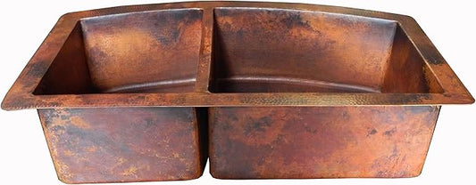 Rounded Apron Front Farmhouse Kitchen Double Bowl Mexican Copper Sink 60/40 33X22 Inches