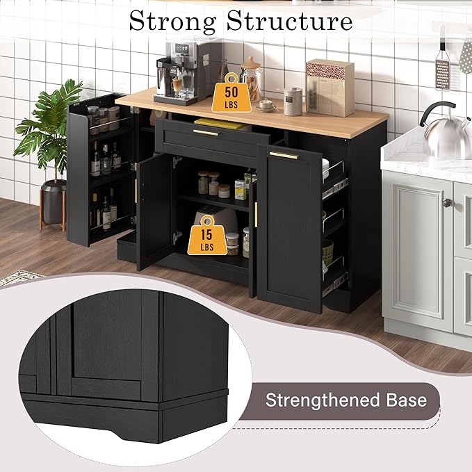 Multi-Functional Storage Sideboard, Extendable Dining Table, Adjustable Shelves, 3-Tier Pull-Out Rack, Kitchen Island Storage for Kitchen, Dining Room, Living Room, Black