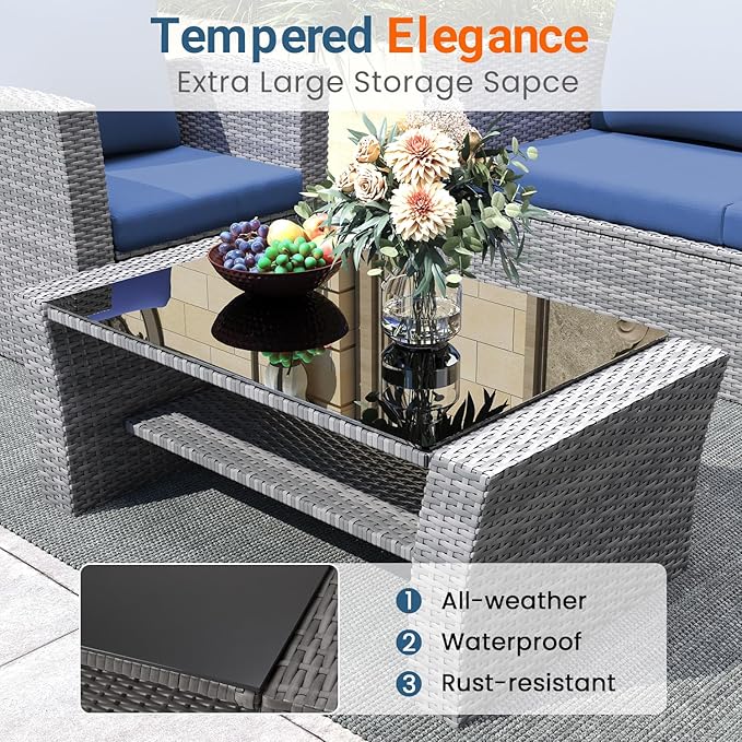 Wisteria Lane Patio Furniture Set, Wicker Outside Outdoor Furniture for All Weather, Patio Sofa with High Backrest Support and Wide Armrest for Backyard, Balcony, Deck, Porch, Blue