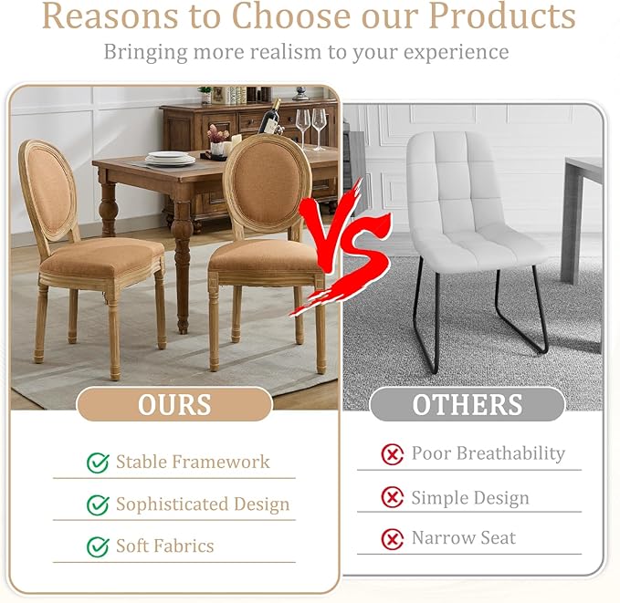 Linen Wooden Dining Chair Set of 4, Upholstered Farmhouse Dining Chair with Solid Wood Frame, Kitchen & Dining Room Chairs for Living Room, Restaurant, Bedroom (Tan-Padded, Set of 4)