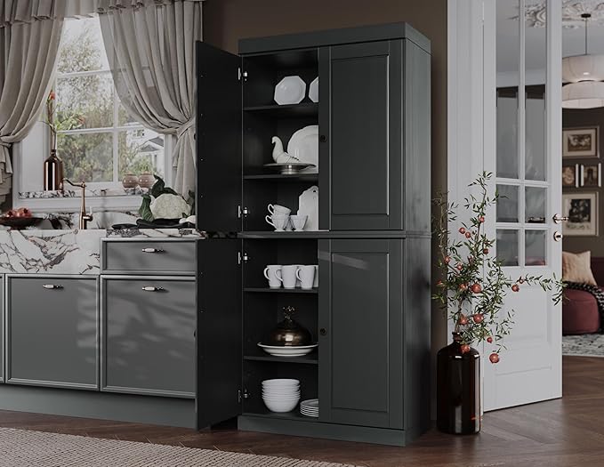 Palace Imports Solid Wood Kitchen Pantry Cabinet - 71.5" Tall x 32" Wide - Wooden Storage Cabinet with 4 Doors & Adjustable Shelves, Gray, 100% Renewable Eco-Friendly Wood, Made in Brazil