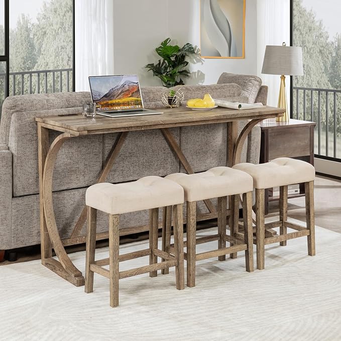 4 Piece Bar Table Set with Power Outlet, Wooden Counter Height Table with 3 Upholstered Stools, Modern Kitchen Dining Table Set for 4, Bar and Dining Room Table Set for Home, Brown