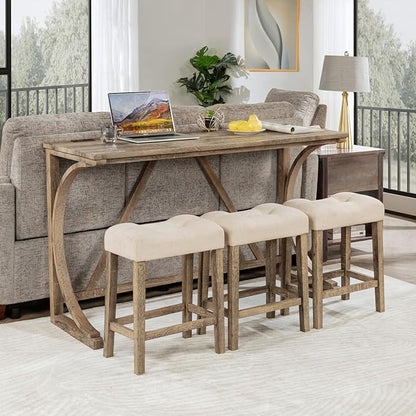 4 Piece Bar Table Set with Power Outlet, Wooden Counter Height Table with 3 Upholstered Stools, Modern Kitchen Dining Table Set for 4, Bar and Dining Room Table Set for Home, Brown