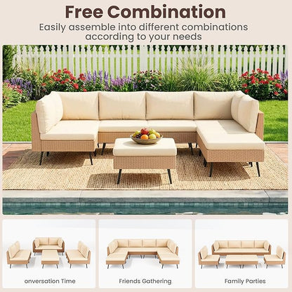 Pamapic 8-Piece Wicker Outdoor Furniture Set, All-Weather Patio Conversation Set with Thick Cushions & 2 Multi-Use Ottomans, Sectional Sofa Patio Furniture Set for Backyard, Porch, Beige