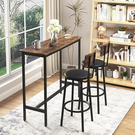 Vibe & Dine Bar Table and Chairs Set, Counter Height Dining Table & 2 PU Upholstered Stools with Backrest, Industrial 3 Piece Breakfast Bar Table for Kitchen, Living Room, Small Space