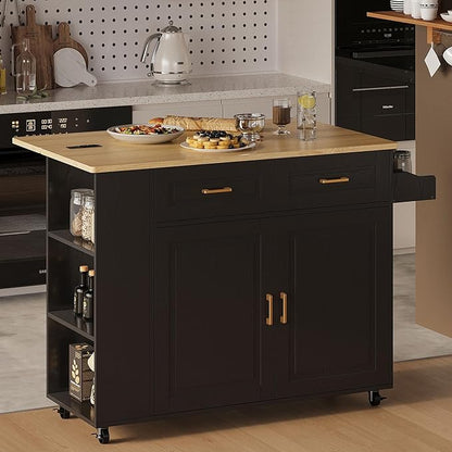 IRONCK Kitchen Island with Power Outlet & Drop Leaf, 47.2" Width Rolling Kitchen Island on Wheels with Storage, Mobile Kitchen Island Cart with Spice Rack, Open Shelves and Drawer, Black