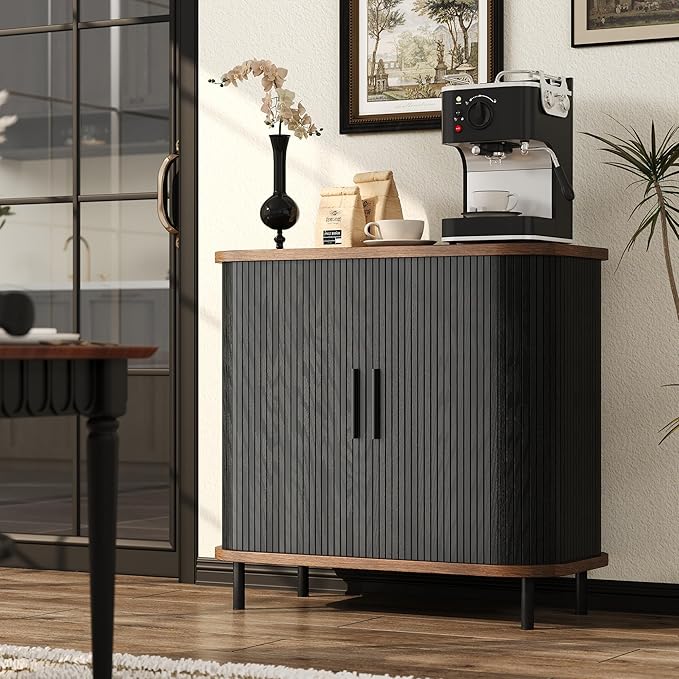 UNIQUITE Fluted Sideboard Buffet Cabinet, 31''W Storage Cabinet with Sliding Door, Coffee Bar Buffet Cabinet for Living Room, Kitchen, Entryway, Black