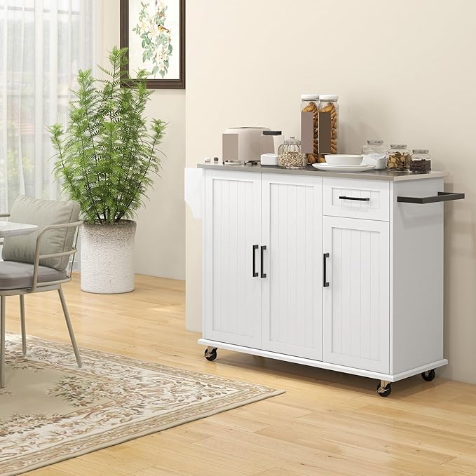 Kitchen Island with Storage, Rolling Kitchen Island on Wheels with Drawer, 3 Cabinets