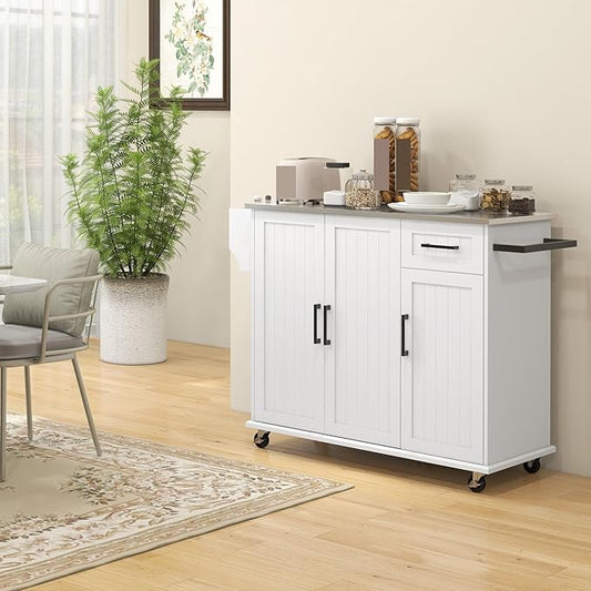 Kitchen Island with Storage, Rolling Kitchen Island on Wheels with Drawer, 3 Cabinets