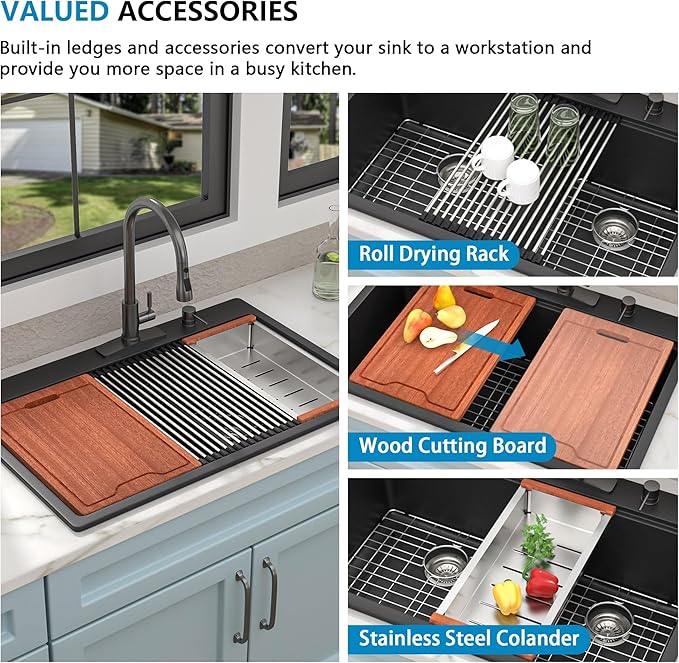 33 Granite Composite Kitchen Sink Double Bowl - Fulorni 33"x22" Matte black Granite Kitchen Sink Ledge Workstation Drop in Topmount Double Bowl 60/40 Quartz Classic Above Counter Basin